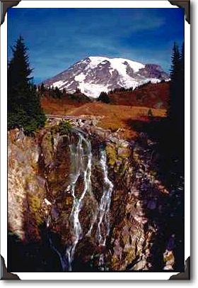 Waterfall and peak, Mount Rainier National Park