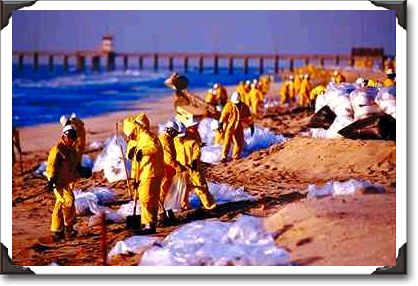 Oil spill clean up, Huntington Beach, California
