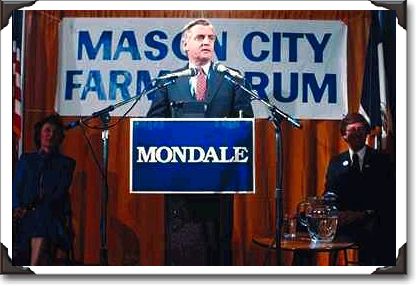 Walter Mondale speaking at a Farmer's Forum in Mason City, Iowa