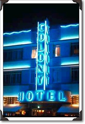 Night view of Colony Hotel sign, Miami Beach