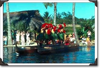 Dancers on boat at Polynesian Cultural Center, Oahu