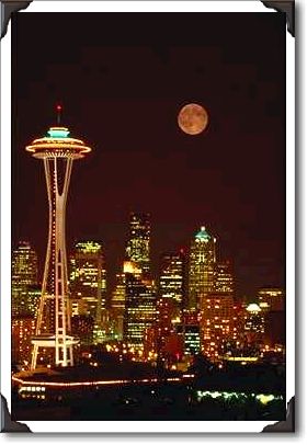 Space Needle and full moon, Seattle, Washington