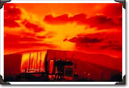 Semi-truck and sunset, California