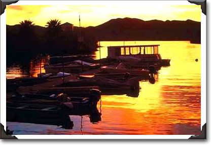 Sunset over boat dock at Fisher's Landing, lower Colorado River