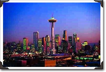 Sunset view of Space Needle and city scape, Seattle, Washington State