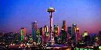 Sunset view of Space Needle and city scape, Seattle, Washington State